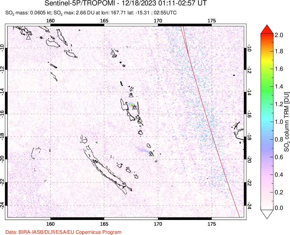 A sulfur dioxide image over Vanuatu, South Pacific on Dec 18, 2023.