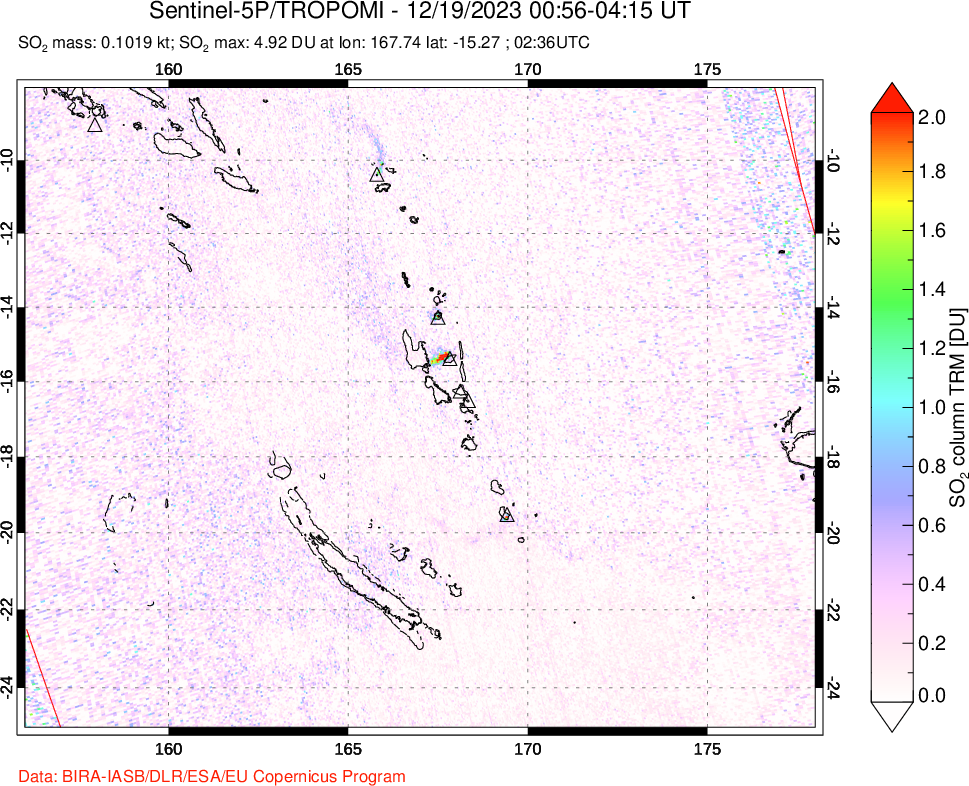 A sulfur dioxide image over Vanuatu, South Pacific on Dec 19, 2023.