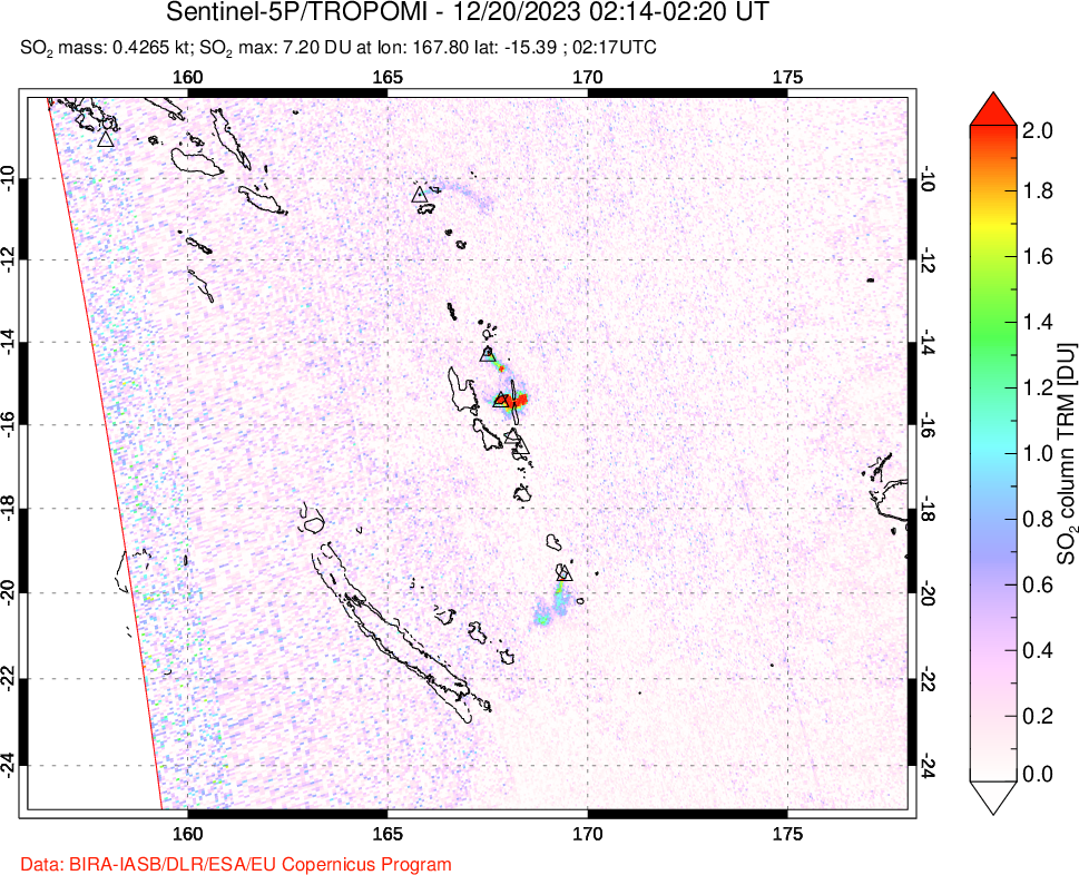 A sulfur dioxide image over Vanuatu, South Pacific on Dec 20, 2023.