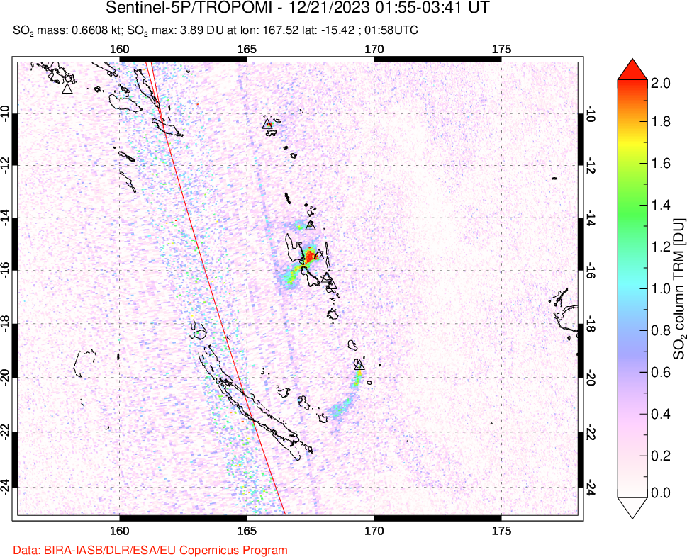 A sulfur dioxide image over Vanuatu, South Pacific on Dec 21, 2023.