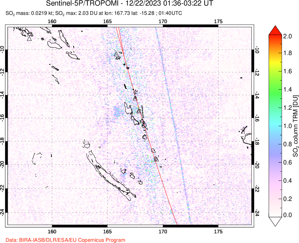 A sulfur dioxide image over Vanuatu, South Pacific on Dec 22, 2023.