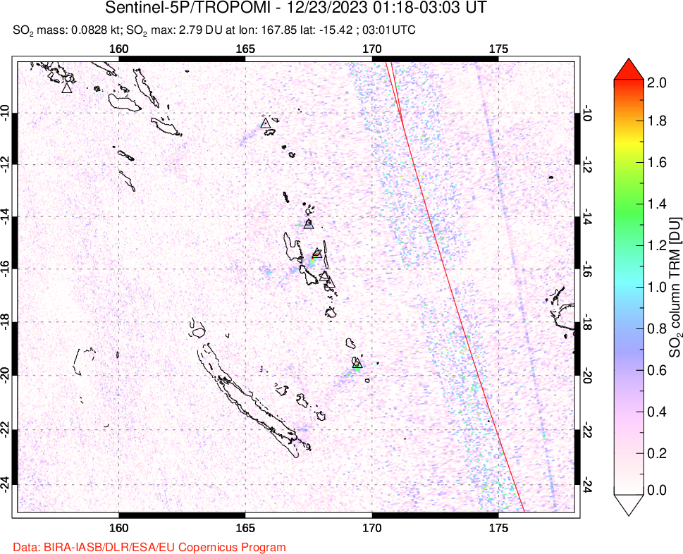 A sulfur dioxide image over Vanuatu, South Pacific on Dec 23, 2023.