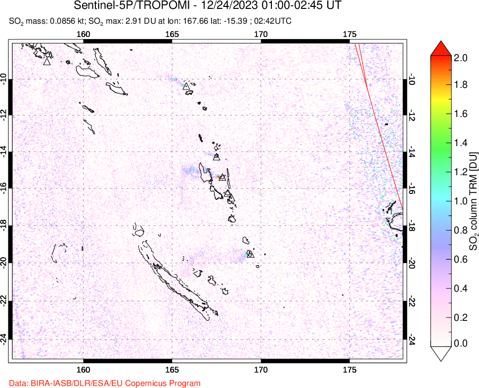 A sulfur dioxide image over Vanuatu, South Pacific on Dec 24, 2023.