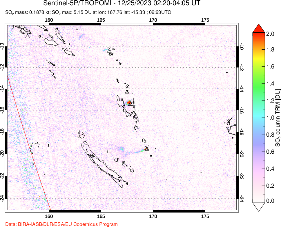 A sulfur dioxide image over Vanuatu, South Pacific on Dec 25, 2023.