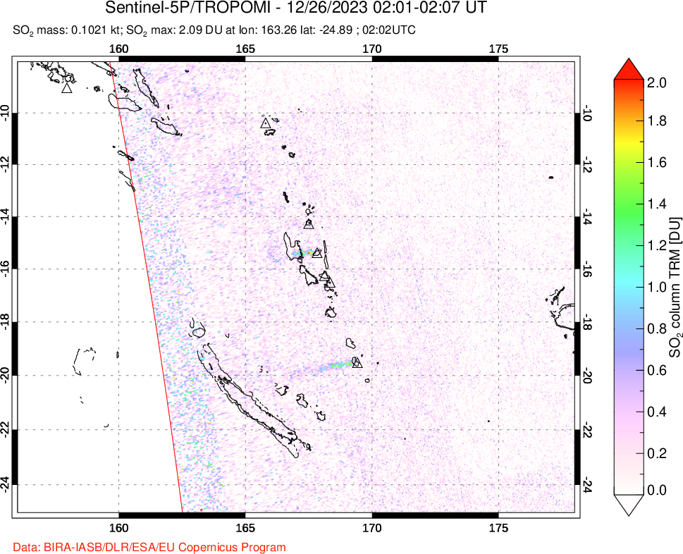 A sulfur dioxide image over Vanuatu, South Pacific on Dec 26, 2023.