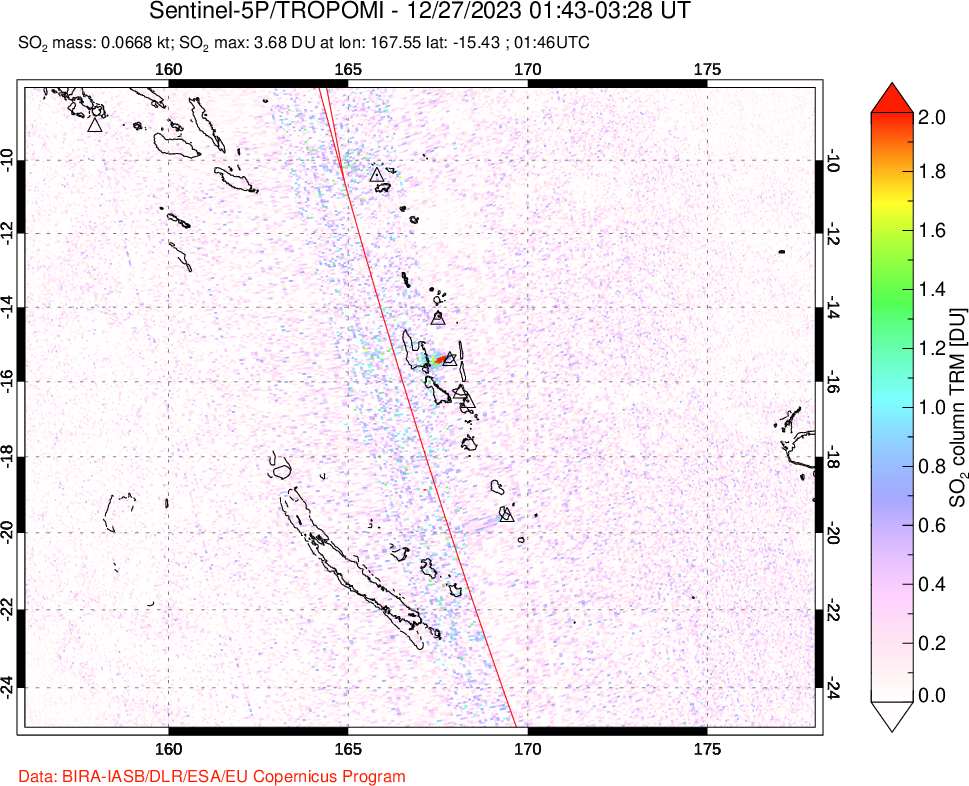 A sulfur dioxide image over Vanuatu, South Pacific on Dec 27, 2023.