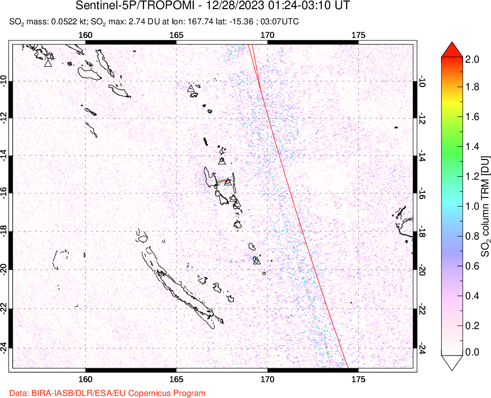 A sulfur dioxide image over Vanuatu, South Pacific on Dec 28, 2023.