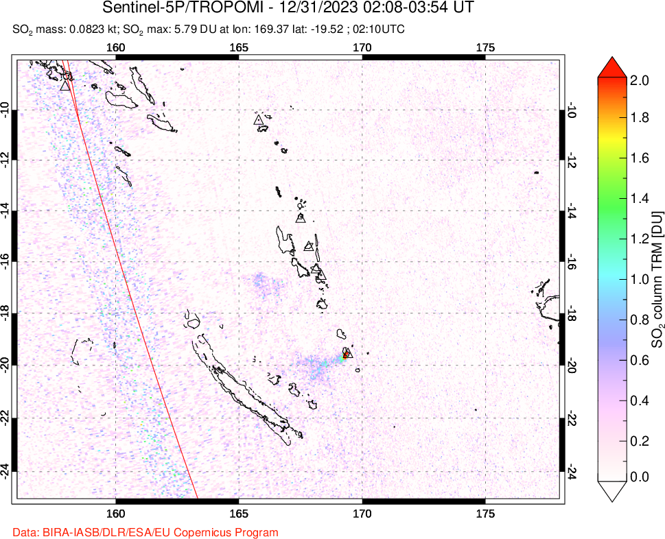 A sulfur dioxide image over Vanuatu, South Pacific on Dec 31, 2023.