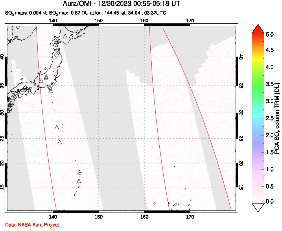 A sulfur dioxide image over Western Pacific on Dec 30, 2023.