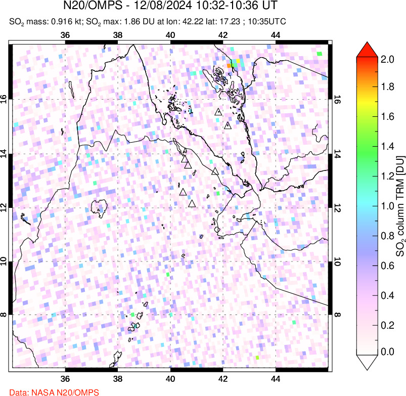 A sulfur dioxide image over Afar and southern Red Sea on Dec 08, 2024.