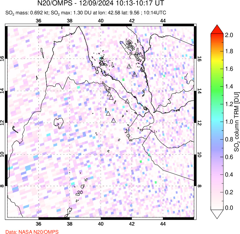 A sulfur dioxide image over Afar and southern Red Sea on Dec 09, 2024.