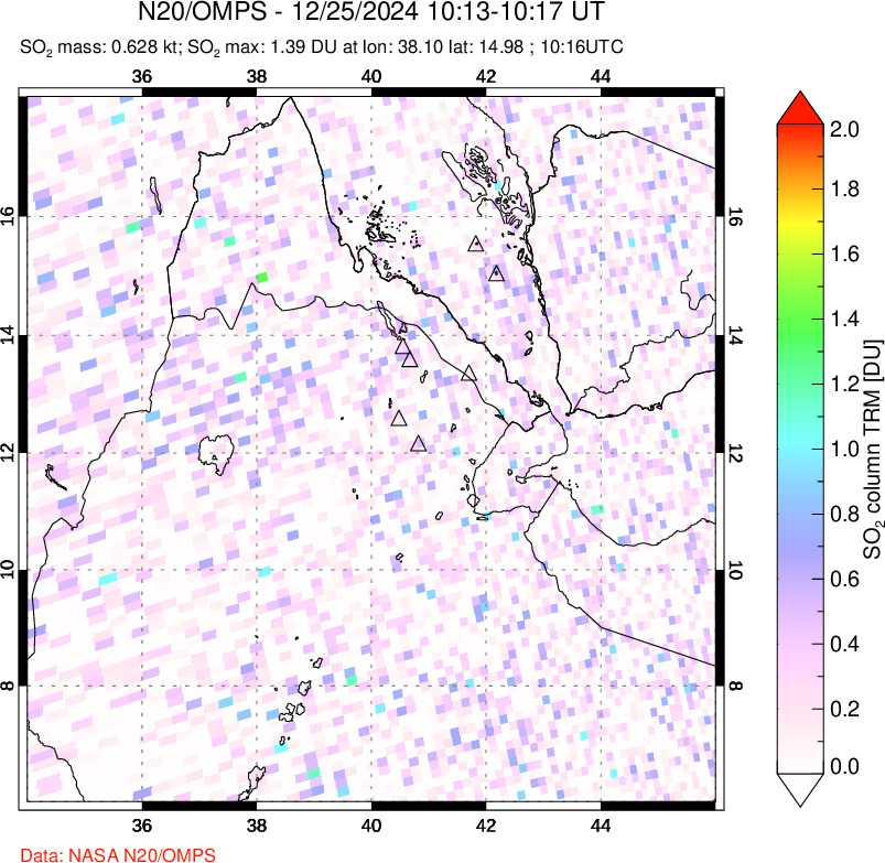 A sulfur dioxide image over Afar and southern Red Sea on Dec 25, 2024.