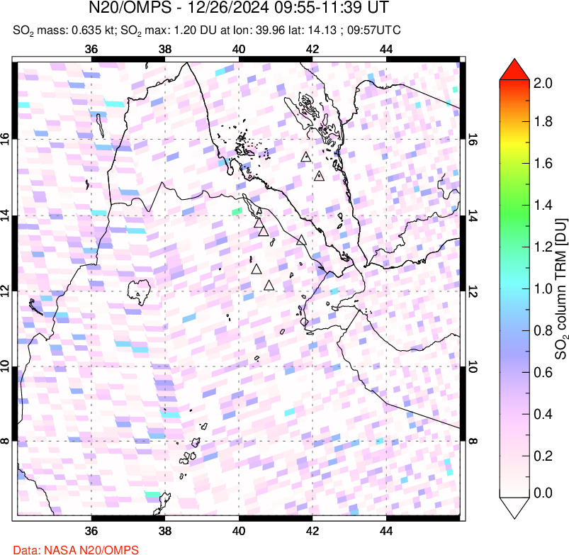 A sulfur dioxide image over Afar and southern Red Sea on Dec 26, 2024.