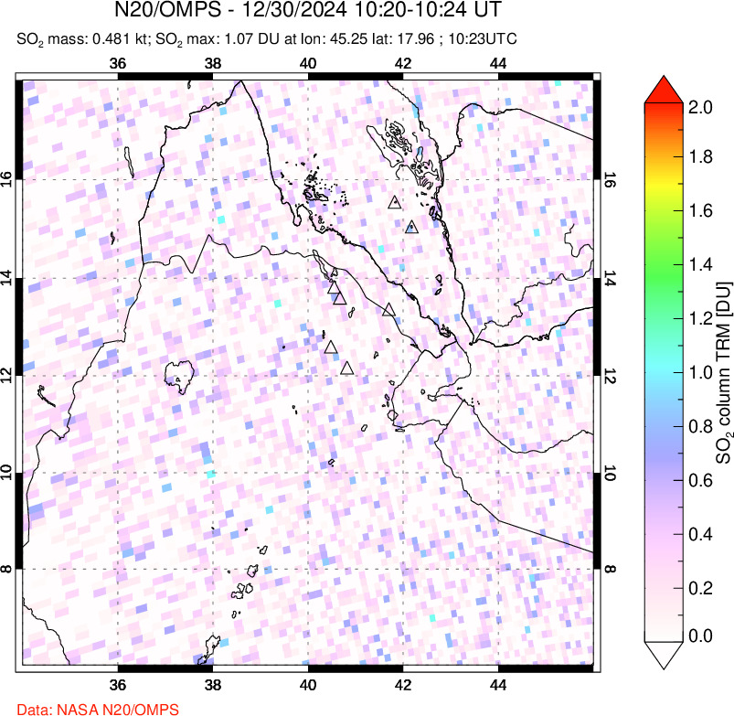 A sulfur dioxide image over Afar and southern Red Sea on Dec 30, 2024.