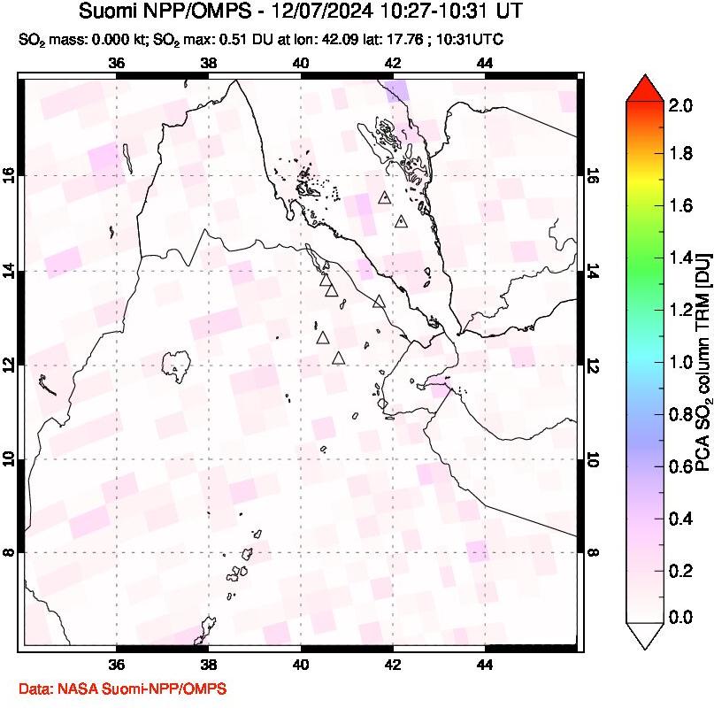 A sulfur dioxide image over Afar and southern Red Sea on Dec 07, 2024.