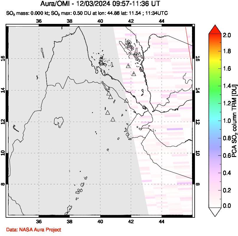 A sulfur dioxide image over Afar and southern Red Sea on Dec 03, 2024.