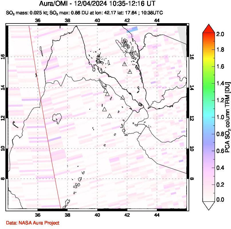 A sulfur dioxide image over Afar and southern Red Sea on Dec 04, 2024.