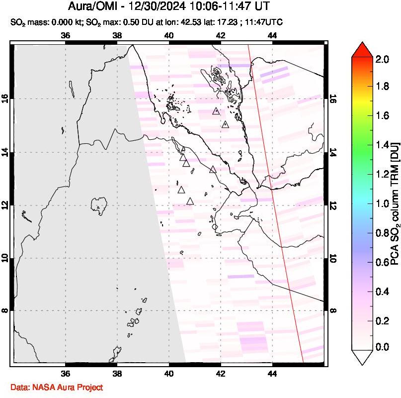 A sulfur dioxide image over Afar and southern Red Sea on Dec 30, 2024.