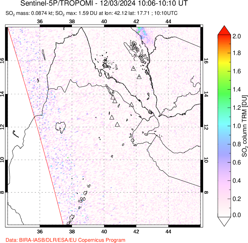 A sulfur dioxide image over Afar and southern Red Sea on Dec 03, 2024.