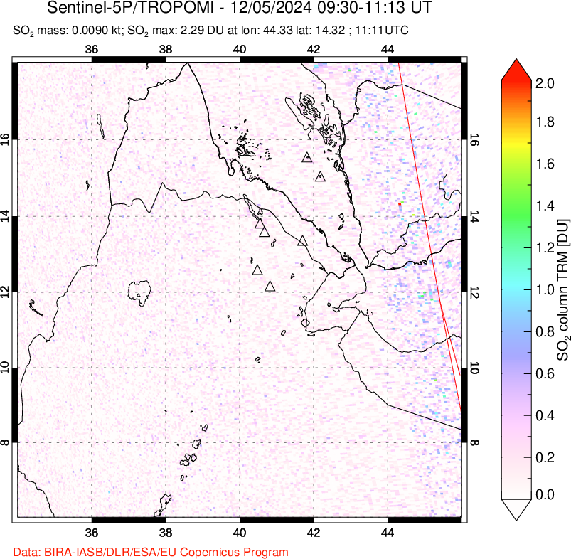 A sulfur dioxide image over Afar and southern Red Sea on Dec 05, 2024.