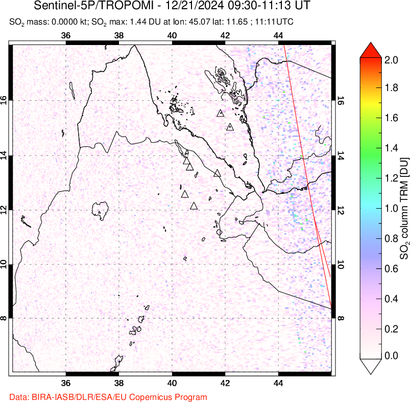 A sulfur dioxide image over Afar and southern Red Sea on Dec 21, 2024.