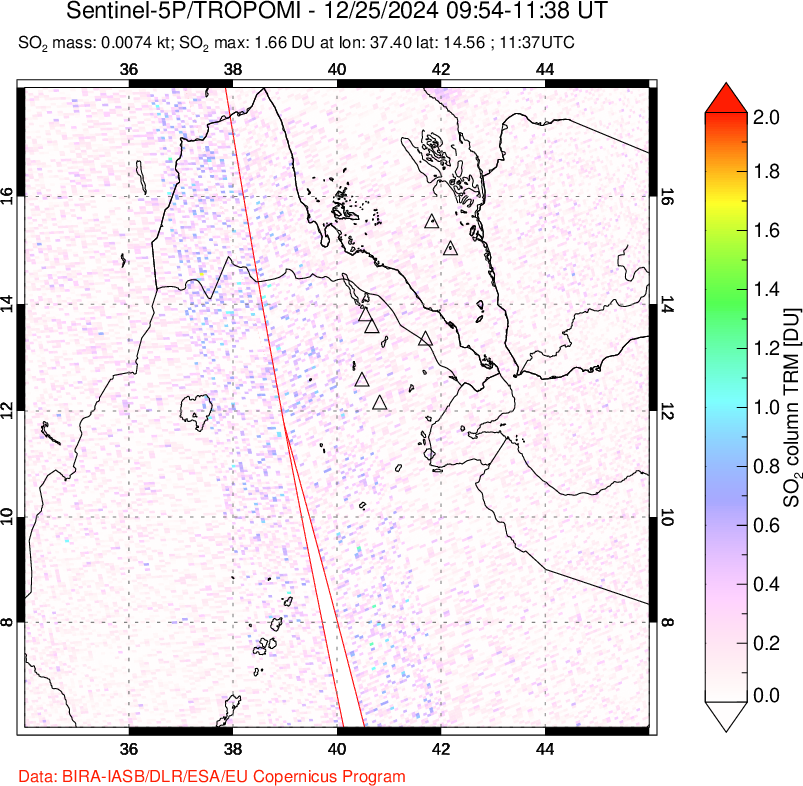 A sulfur dioxide image over Afar and southern Red Sea on Dec 25, 2024.