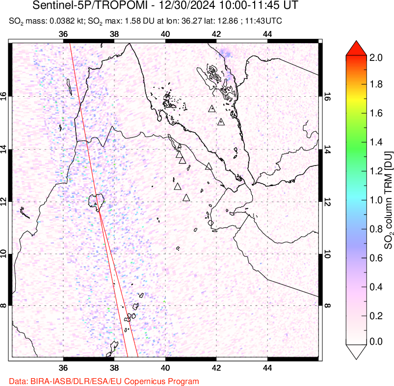 A sulfur dioxide image over Afar and southern Red Sea on Dec 30, 2024.