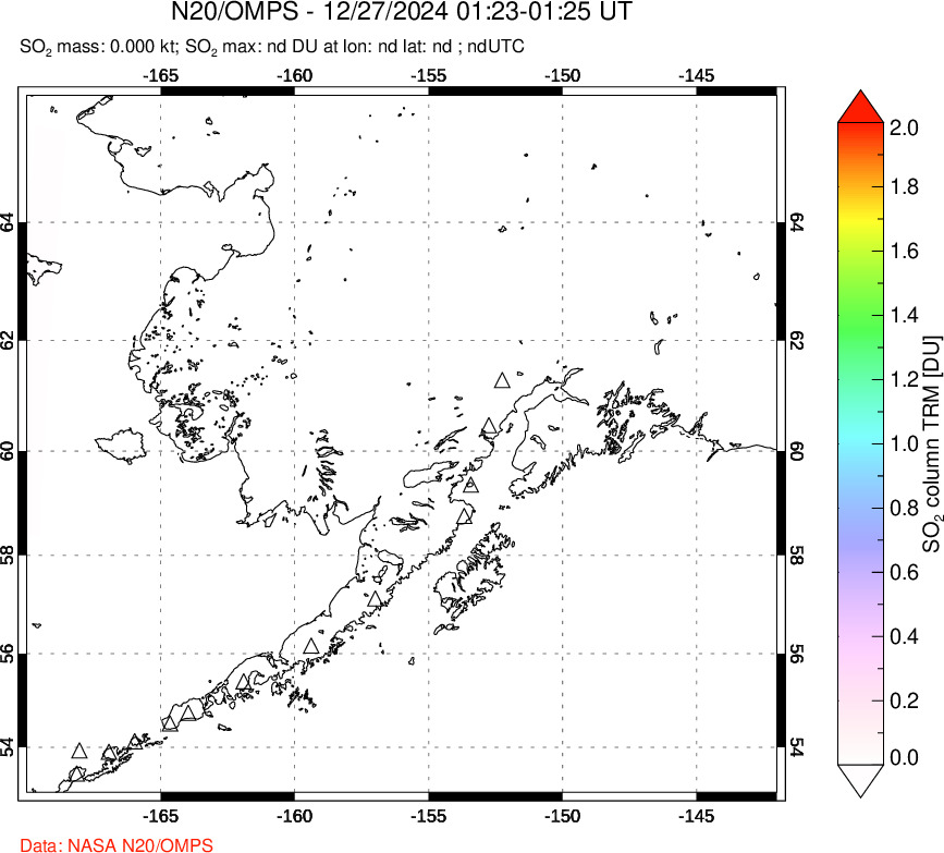 A sulfur dioxide image over Alaska, USA on Dec 27, 2024.