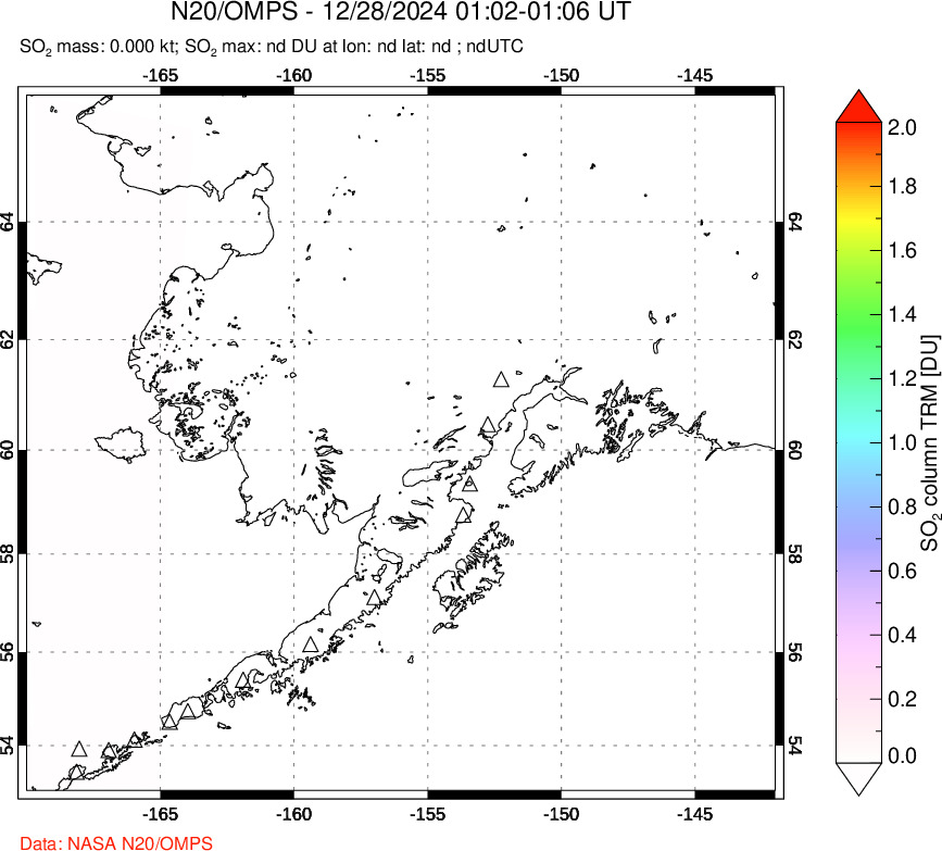 A sulfur dioxide image over Alaska, USA on Dec 28, 2024.