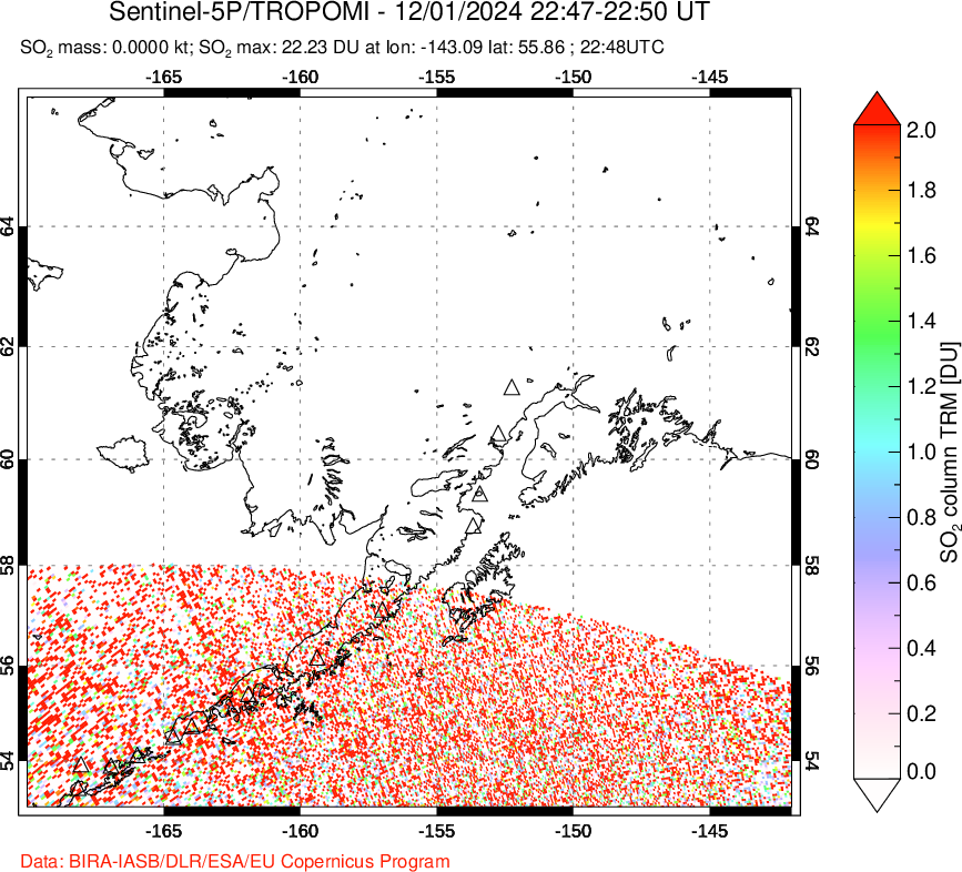 A sulfur dioxide image over Alaska, USA on Dec 01, 2024.