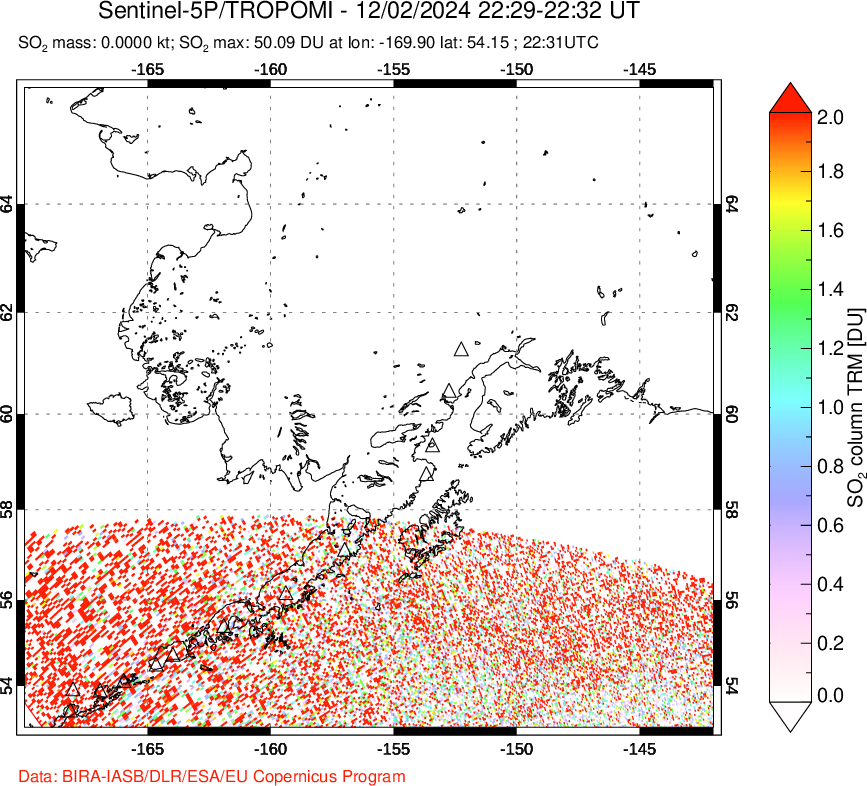 A sulfur dioxide image over Alaska, USA on Dec 02, 2024.