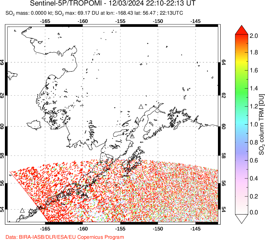 A sulfur dioxide image over Alaska, USA on Dec 03, 2024.