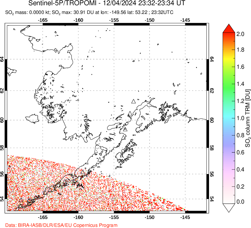 A sulfur dioxide image over Alaska, USA on Dec 04, 2024.