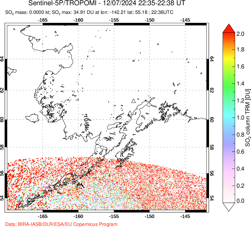 A sulfur dioxide image over Alaska, USA on Dec 07, 2024.