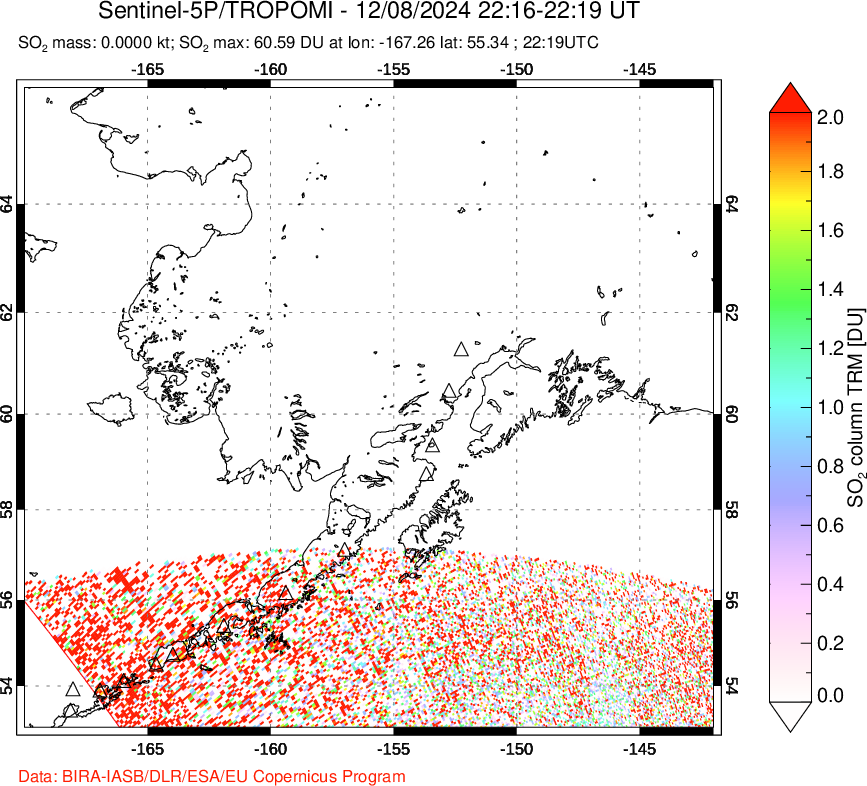 A sulfur dioxide image over Alaska, USA on Dec 08, 2024.