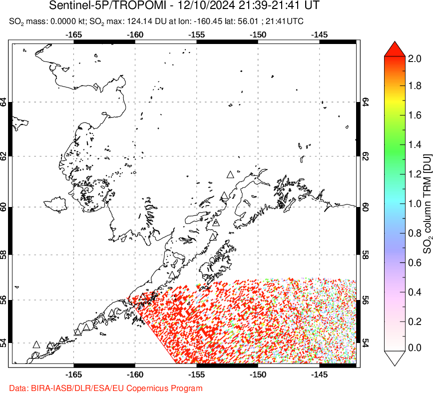 A sulfur dioxide image over Alaska, USA on Dec 10, 2024.