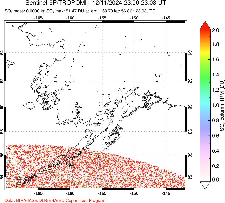 A sulfur dioxide image over Alaska, USA on Dec 11, 2024.