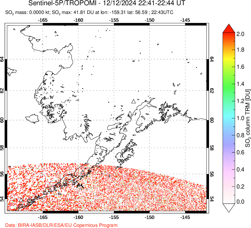 A sulfur dioxide image over Alaska, USA on Dec 12, 2024.