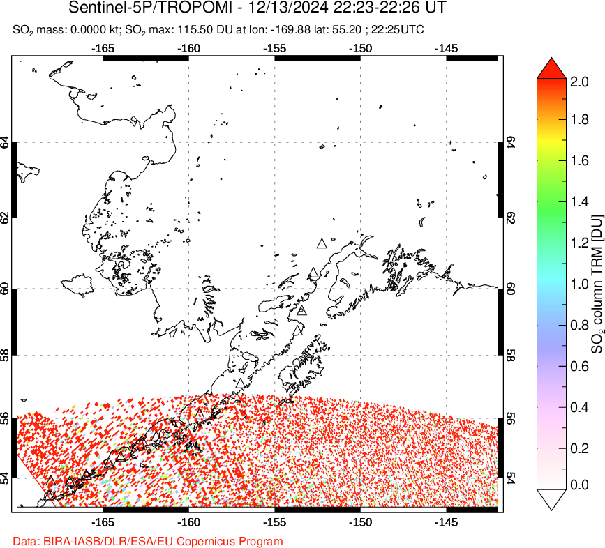 A sulfur dioxide image over Alaska, USA on Dec 13, 2024.