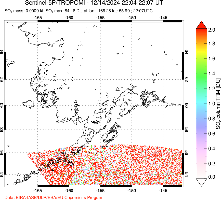 A sulfur dioxide image over Alaska, USA on Dec 14, 2024.