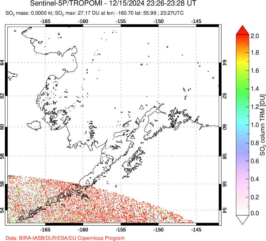 A sulfur dioxide image over Alaska, USA on Dec 15, 2024.