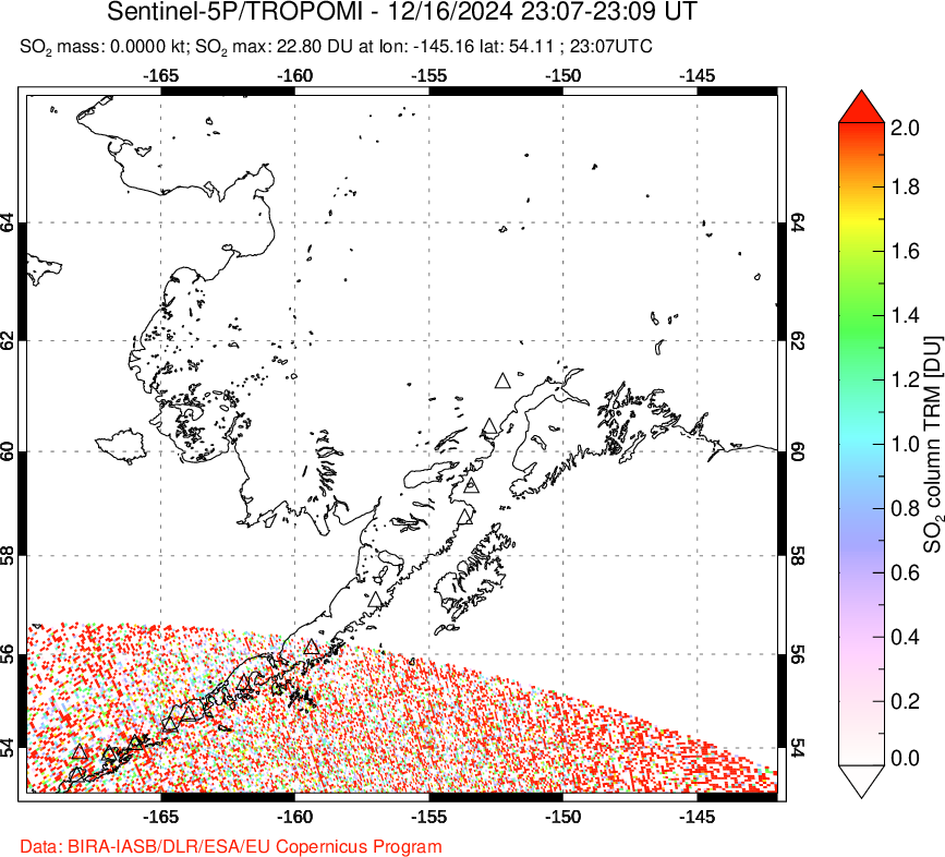 A sulfur dioxide image over Alaska, USA on Dec 16, 2024.