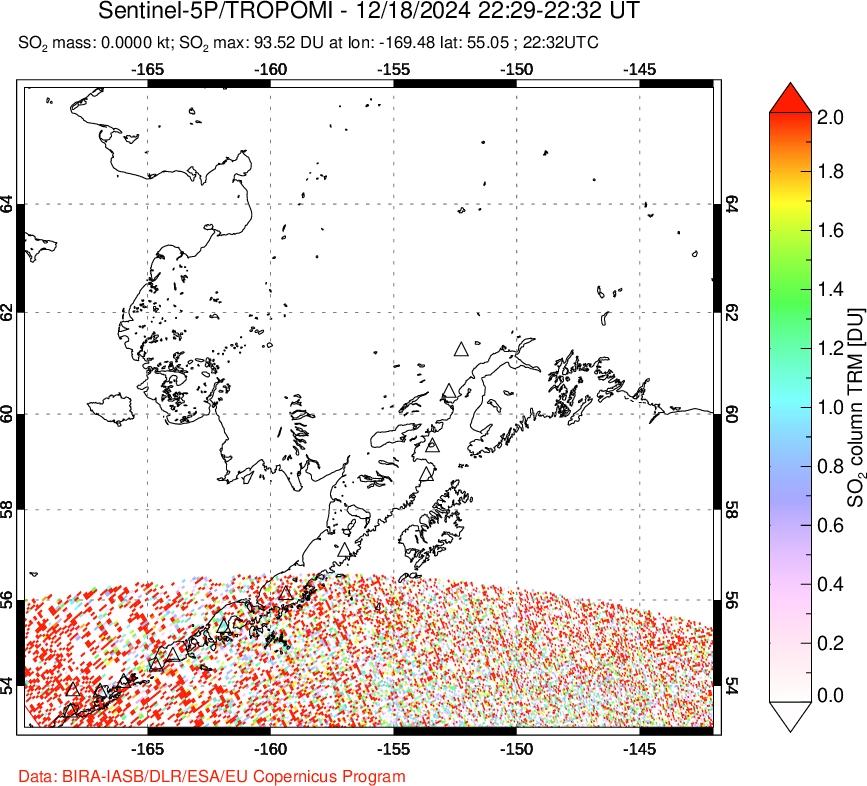 A sulfur dioxide image over Alaska, USA on Dec 18, 2024.