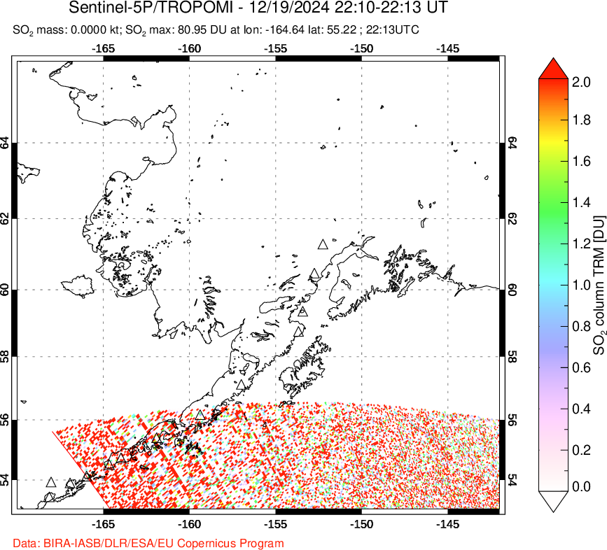 A sulfur dioxide image over Alaska, USA on Dec 19, 2024.