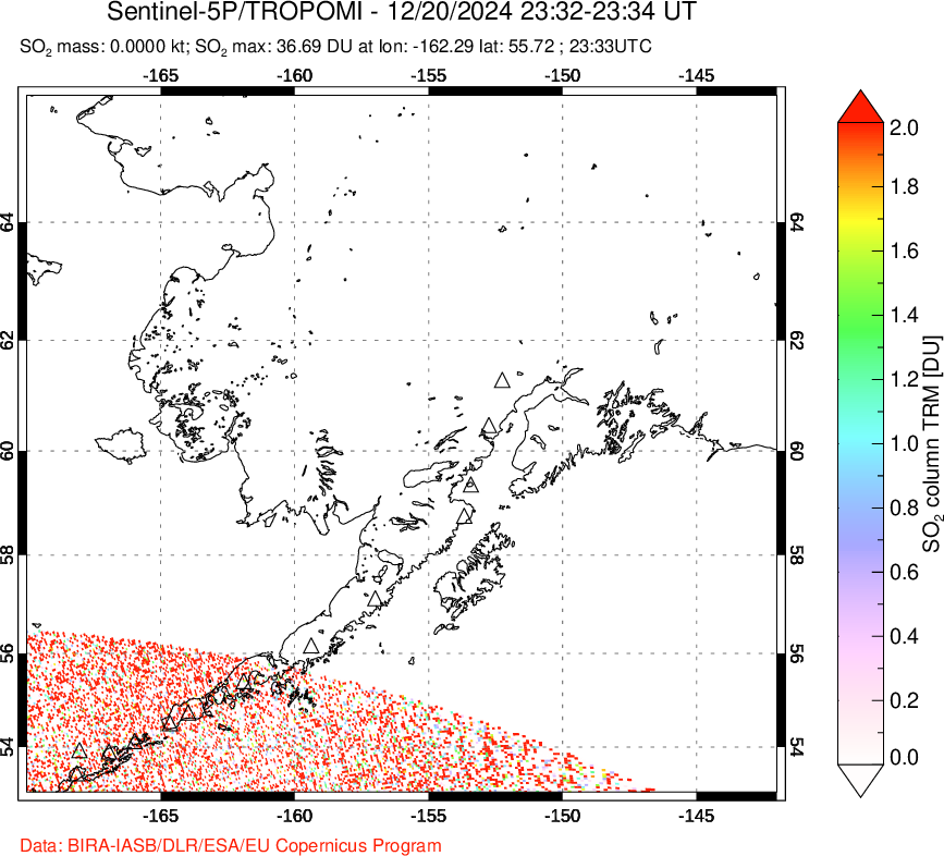 A sulfur dioxide image over Alaska, USA on Dec 20, 2024.