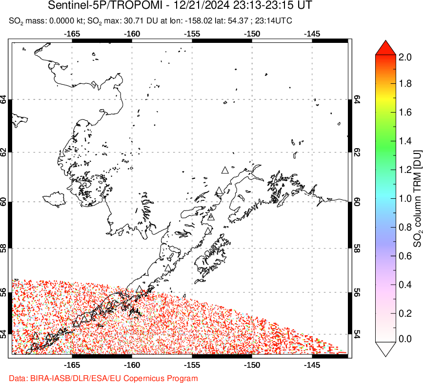 A sulfur dioxide image over Alaska, USA on Dec 21, 2024.