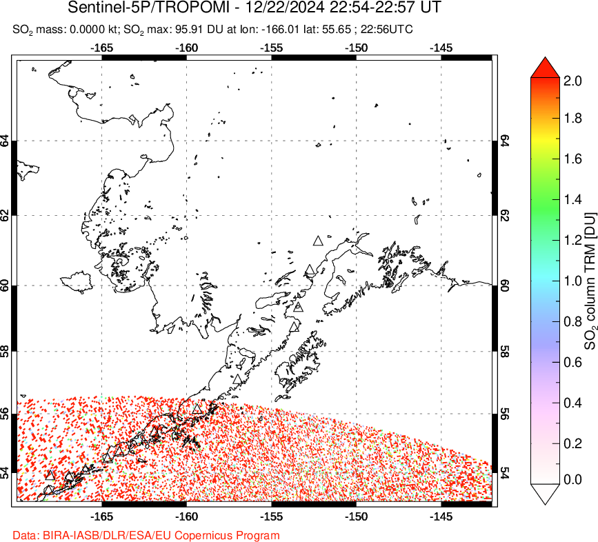 A sulfur dioxide image over Alaska, USA on Dec 22, 2024.