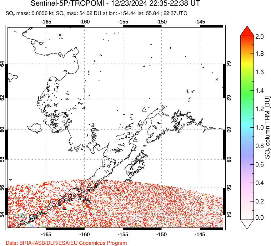 A sulfur dioxide image over Alaska, USA on Dec 23, 2024.