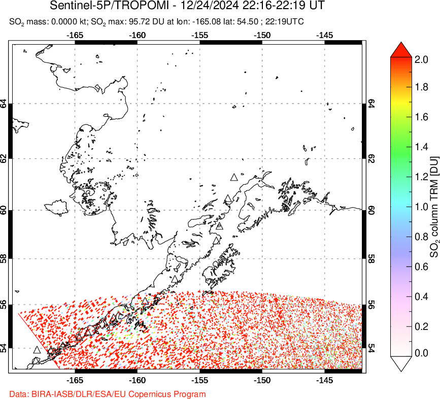 A sulfur dioxide image over Alaska, USA on Dec 24, 2024.