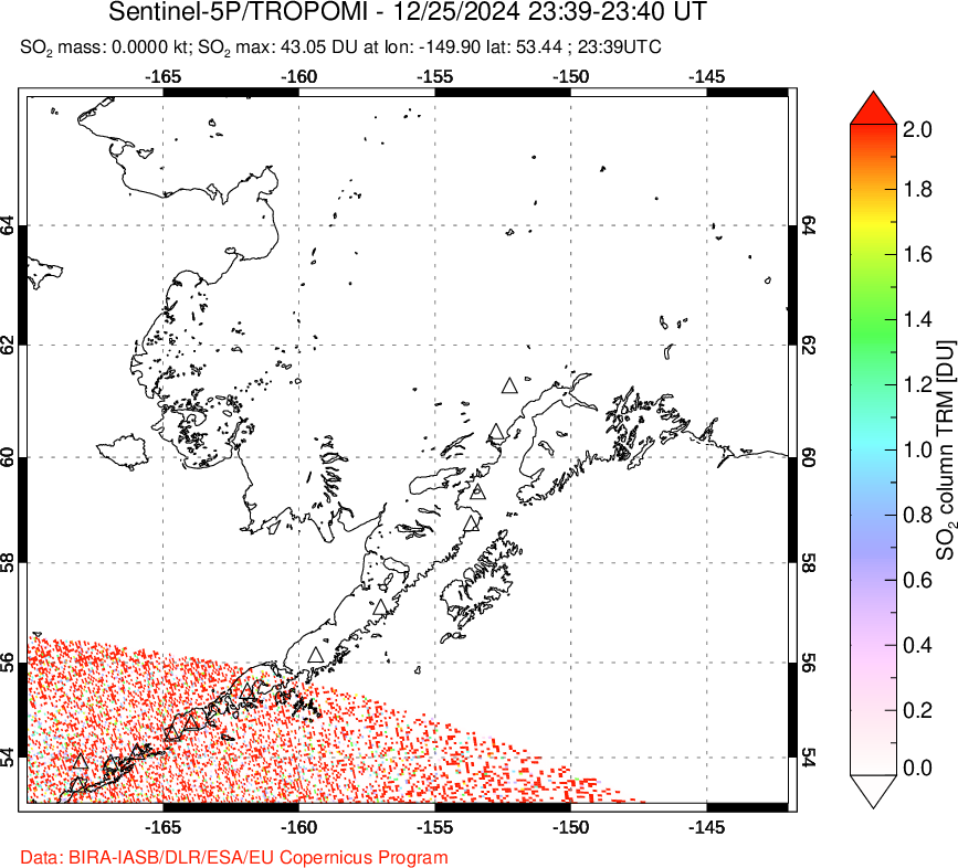 A sulfur dioxide image over Alaska, USA on Dec 25, 2024.